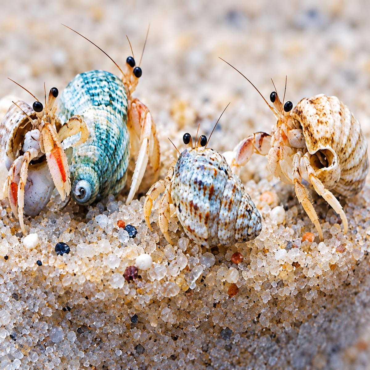 Three hermit crabs with patterned shells resting on coarse beach sand in a close-up outdoor shot.