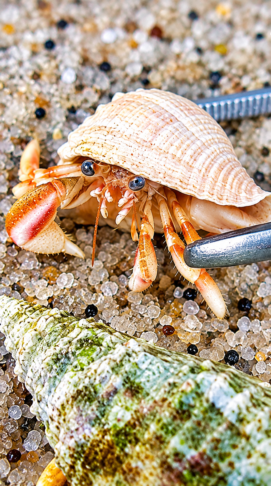 A close-up beach scene showing a hermit crab on sand with a large textured green and brown shell in the foreground and a smaller striped beige shell behind it. A metal tool is visible at the upper right, and the background is sandy beach pebbles.