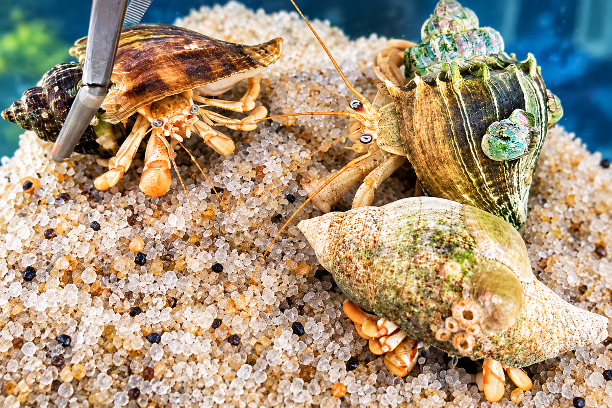 Three hermit crabs with large seashells resting on sand, with one crab being held by forceps.
